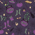 Vector Halloween pattern with hand drawn pumpkin, cauldron, spider web, potions, magic books, witchÃ¢â¬â¢s broom, hat, socks, boots